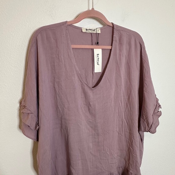Three Bird Nest Ruffle V Neck Top Blouse Size L Mauve Pink Oversized Boho NEW - Picture 4 of 8
